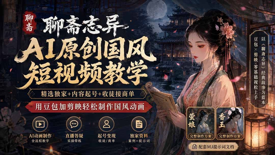 聊斋志异AI原创国风短视频教学-更新；精选独家+内容起号+收徒接商单，用豆包加剪映轻松制作国风动画-惠声资源站