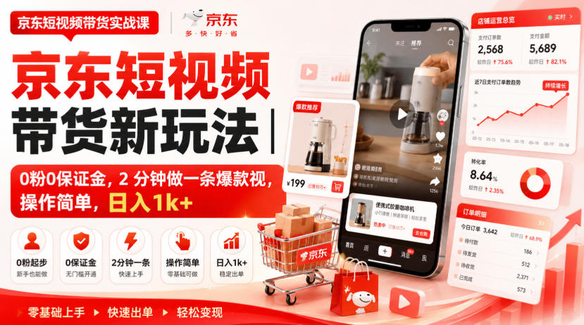 京东短视频带货新玩法｜0粉0保证金，2分钟做一条爆款视，操作简单，日入1k+【揭秘】-惠声资源站