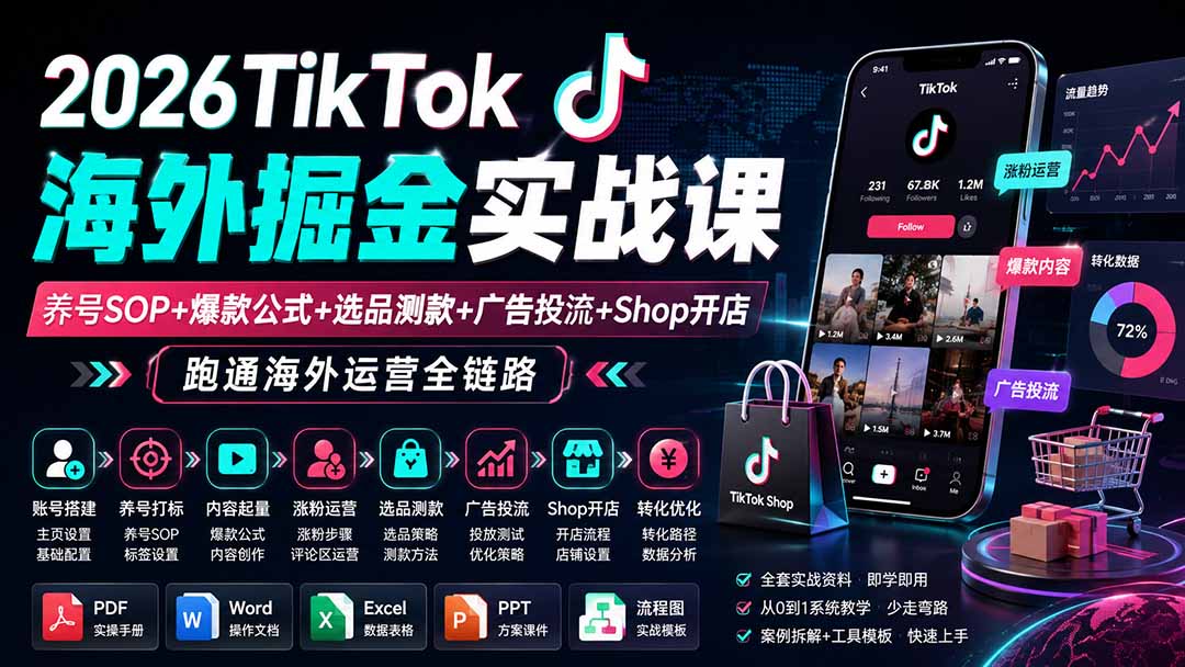 2026TikTok海外掘金实战课——养号SOP+爆款公式+选品测款+广告投流+Shop开店，跑通海外运营全链路-惠声资源站