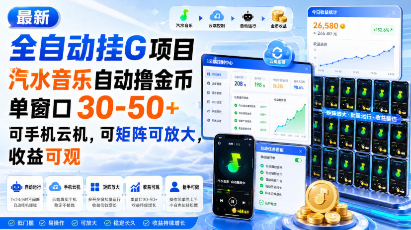 最新全自动挂G项目，汽水音乐自动撸金币单窗口30-50+，可手机云机，可矩阵可放大，收益可观-惠声资源站