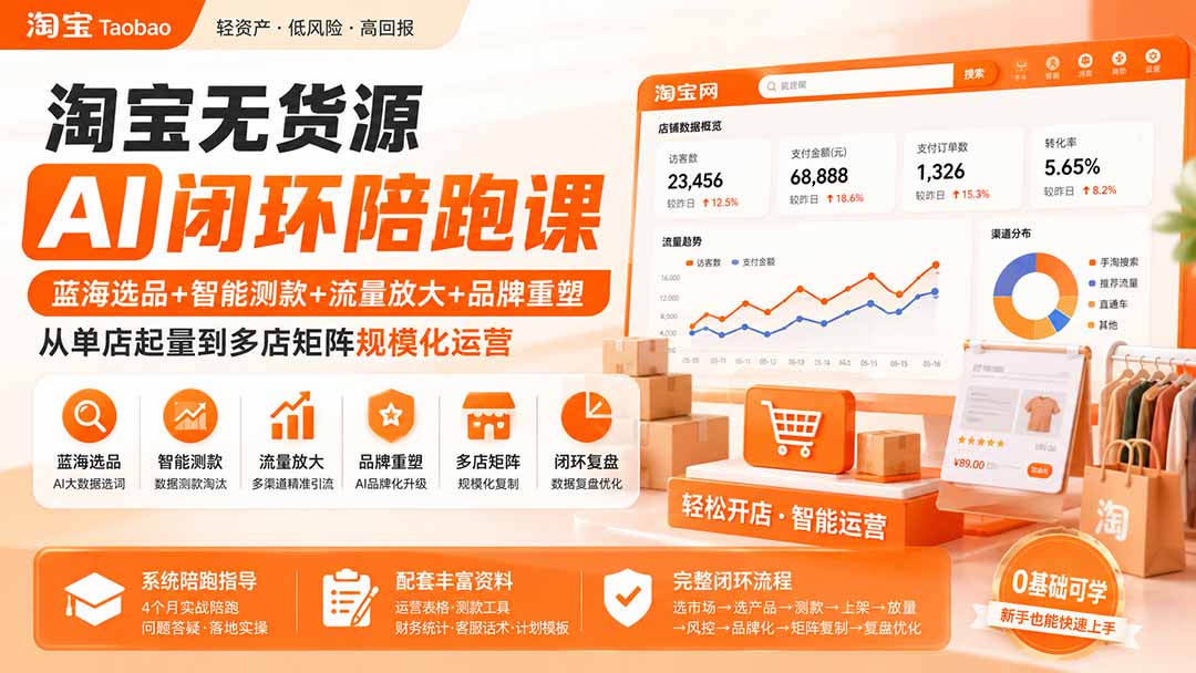 淘宝无货源AI闭环陪跑课：蓝海选品+智能测款+流量放大+品牌重塑，从单店起量到多店矩阵规模化运营-惠声资源站