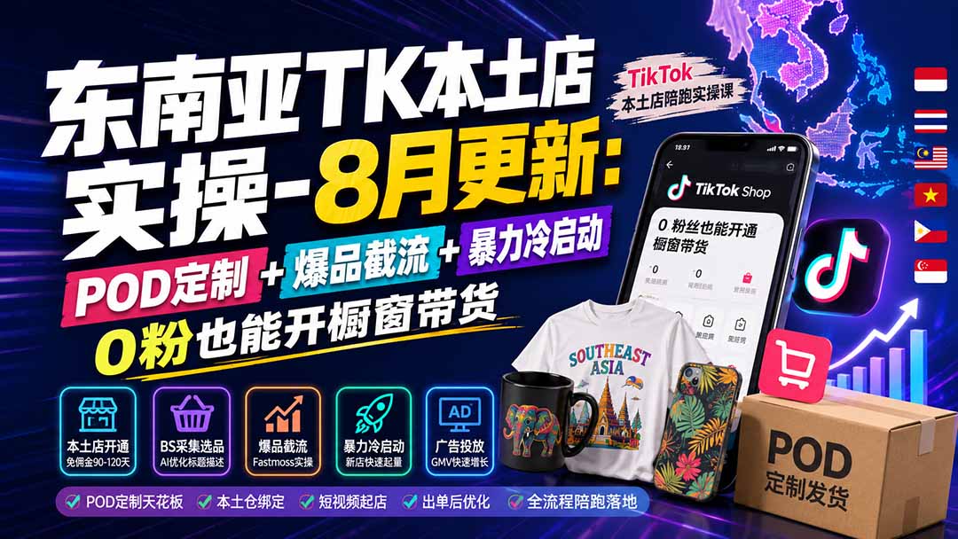 东南亚TK本土店实操-8月更新：POD定制+爆品截流+暴力冷启动，0粉也能开橱窗带货-惠声资源站