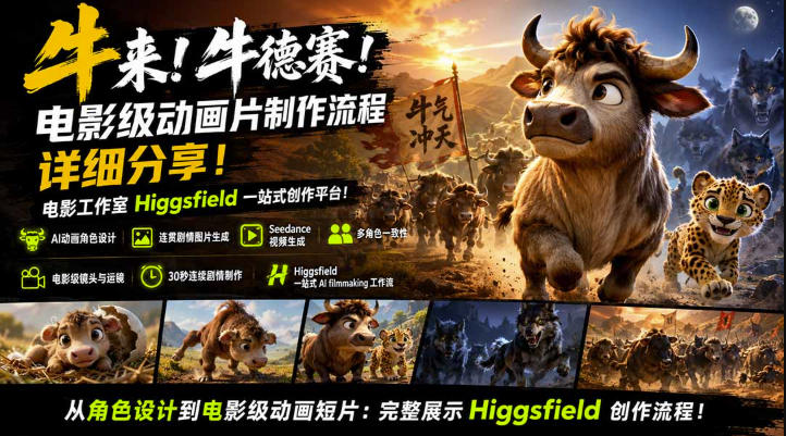 牛来！牛德赛！电影级动画片制作流程详细分享！电影工作室Higgsfield一站式创作平台，完整创作流程-惠声资源站