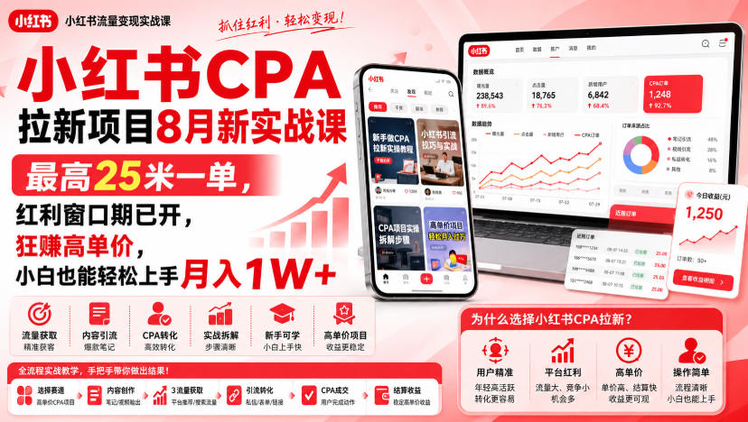 小红书CPA拉新项目8月新实战课，最高25米一单，红利窗口期已开，狂賺高单价，小白也能轻松上手月入1W+-惠声资源站