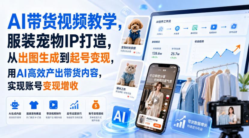 AI带货视频教学，服装宠物IP打造，从出图生成到起号变现，用AI高效产出带货内容，实现账号变现增收-惠声资源站