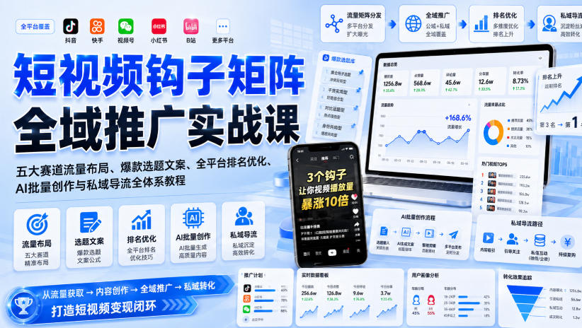 短视频钩子矩阵全域推广实战课｜五大赛道流量布局、爆款选题文案、全平台排名优化、AI批量创作与私域导流全体系教程-惠声资源站