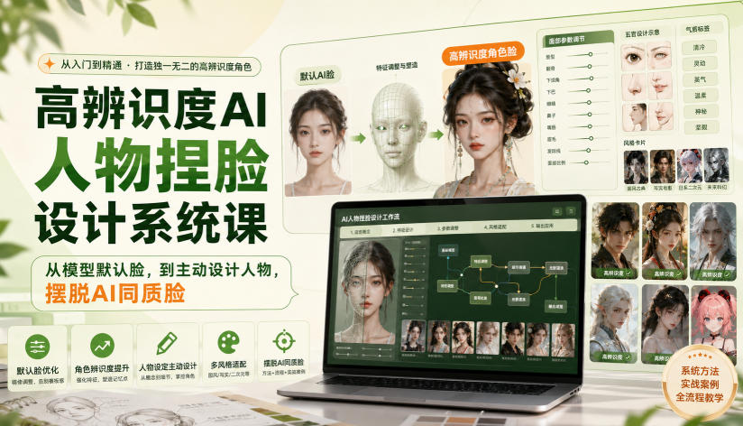 高辨识度AI人物捏脸设计系统课，从模型默认脸，到主动设计人物，摆脱AI同质脸-惠声资源站