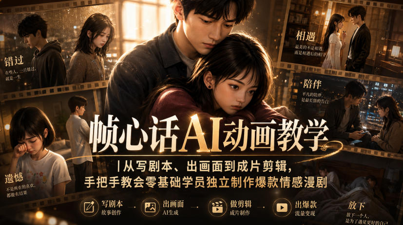 帧心话AI动画教学｜从写剧本、出画面到成片剪辑，手把手教会零基础学员独立制作爆款情感漫剧-惠声资源站