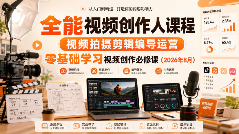 全能视频创作人课程，视频拍摄剪辑编导运营，零基础学习视频创作必修课(2026年8月)-惠声资源站