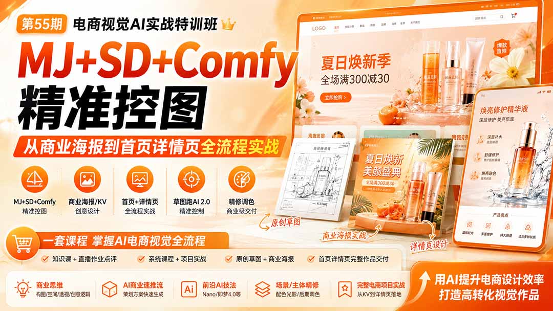 电商视觉 AI实战训练营第55期：MJ+SD+Comfy精准控图，从商业海报到首页详情页全流程实战-惠声资源站
