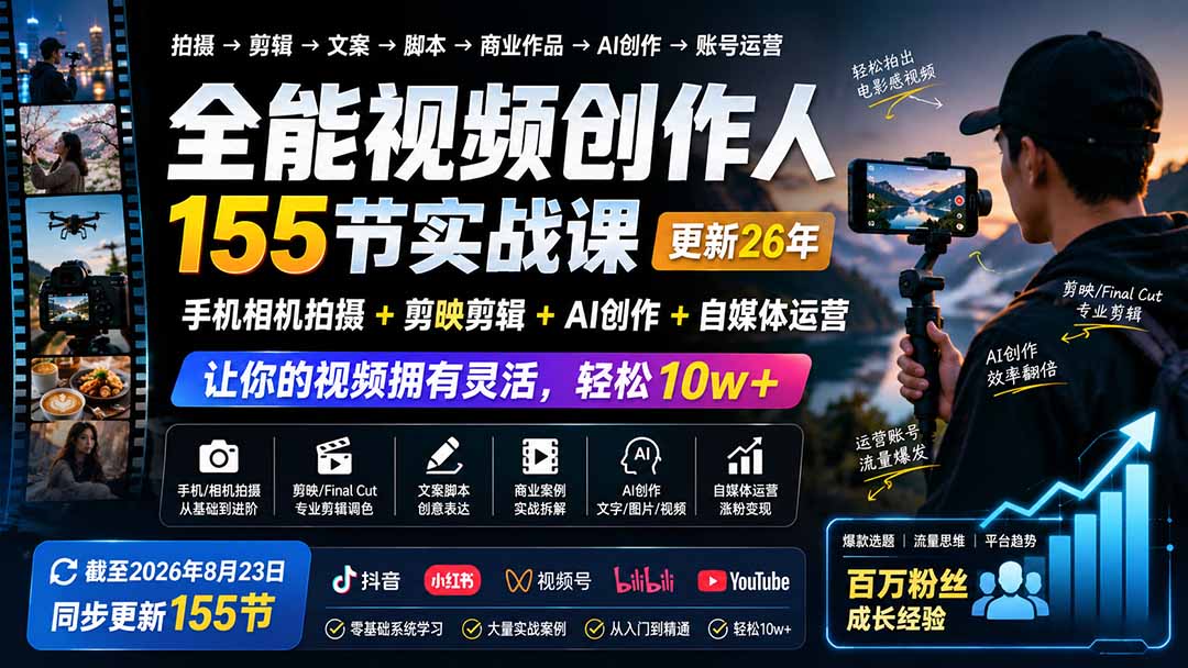 全能视频创作人155节实战课-更新26年8月：手机相机拍摄+剪映剪辑+AI创作+自媒体运营，让你的视频拥有灵活，轻松10w-惠声资源站