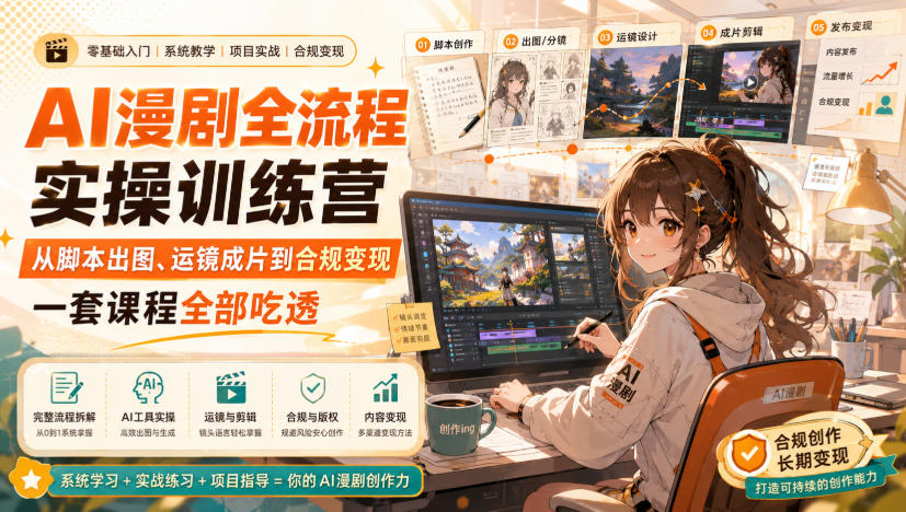 AI漫剧全流程实操训练营，从脚本出图、运镜成片到合规变现，一套课程全部吃透-惠声资源站