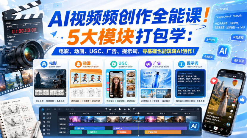 AI视频频创作全能课！5大模块打包学：电影、动画、UGC、广告、提示词，零基础也能玩转AI创作！【原创双语字幕】-惠声资源站