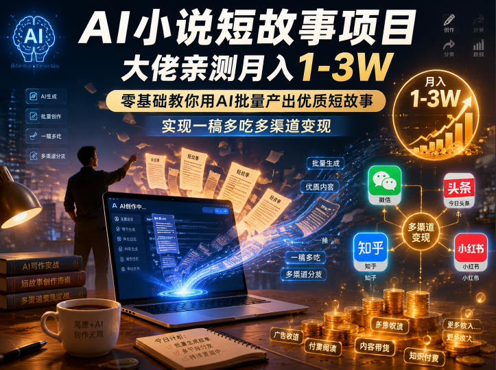 AI小说短故事项目，大佬亲测月入1-3W，零基础教你用AI批量产出优质短故事，实现一稿多吃多渠道变现(更新0824)-惠声资源站