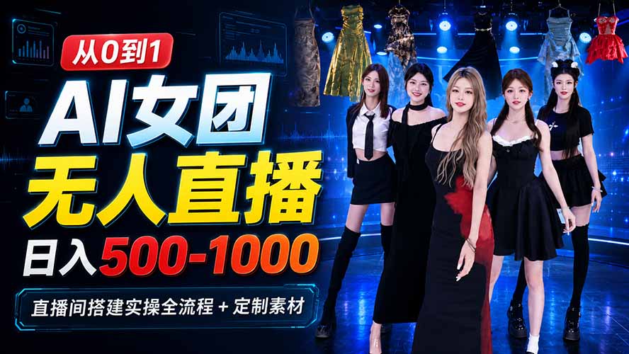 AI 女团无人直播，躺入500-1000每天，直播间搭建实操全流程+定制素材-惠声资源站