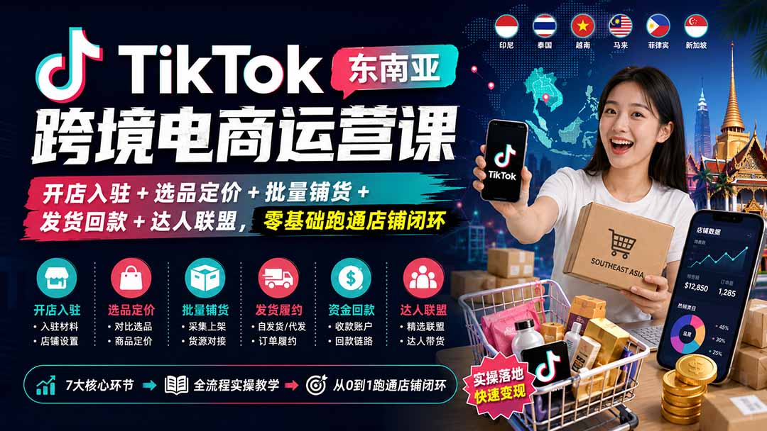 TikTok东南亚跨境电商运营课：开店入驻+选品定价+批量铺货+发货回款+达人联盟，零基础跑通店铺闭环-惠声资源站