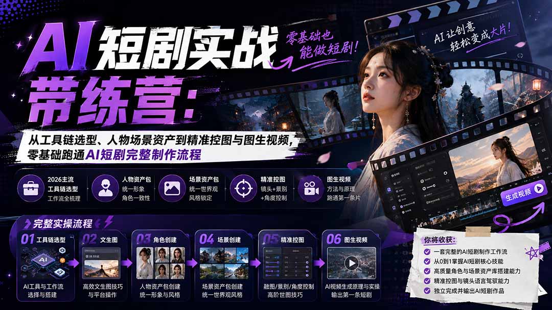 AI短剧实战训练营：从工具链选型、人物场景资产到精准控图与图生视频，零基础跑通AI短剧完整制作流程-惠声资源站