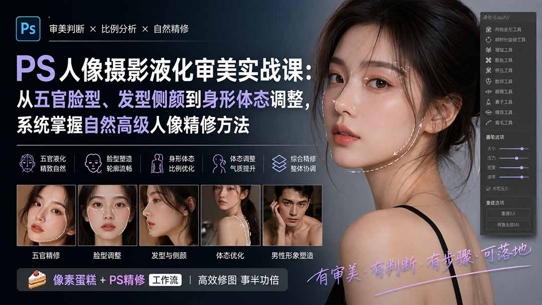 PS人像摄影液化审美实战课：从五官脸型、发型侧颜到身形体态调整，系统掌握自然高级人像精修方法-惠声资源站