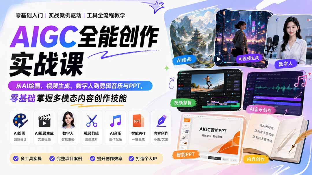 AIGC全能创作实战课：从AI绘画、视频生成、数字人到剪辑音乐与PPT，零基础掌握多模态内容创作技能-惠声资源站