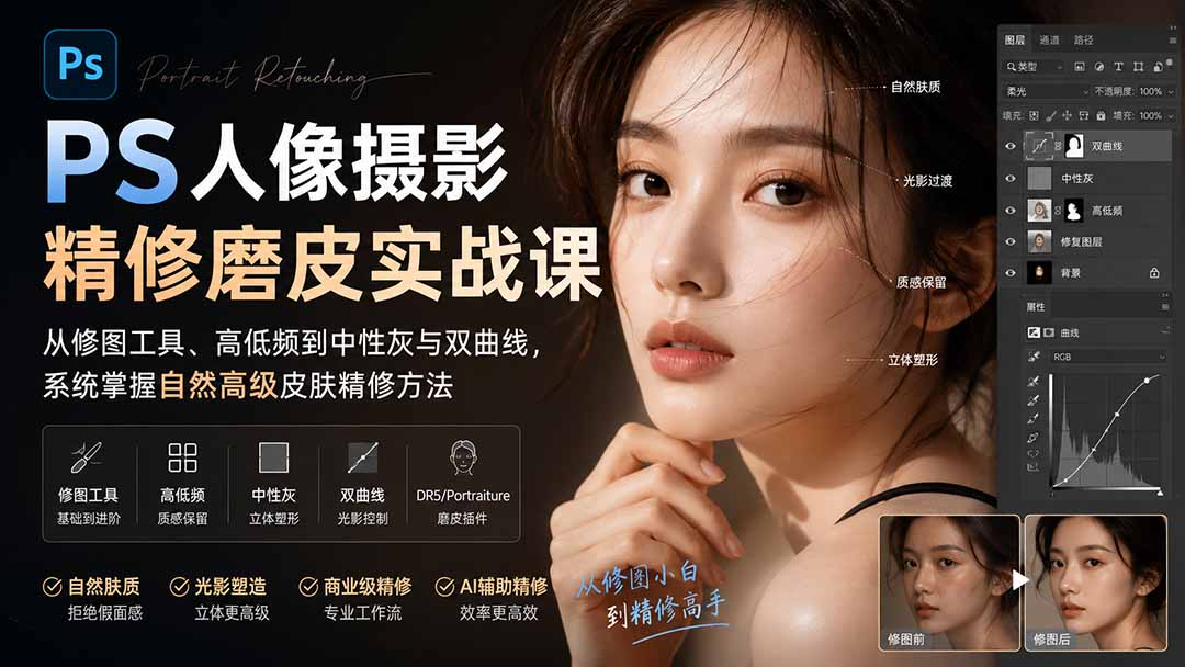PS人像摄影精修磨皮实战课：从修图工具、高低频到中性灰与双曲线，系统掌握自然高级皮肤精修方法-惠声资源站