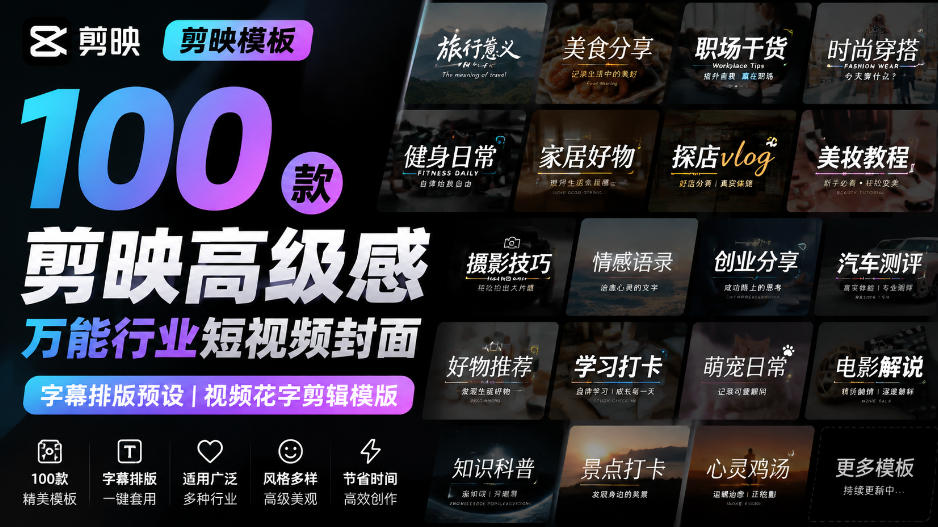 【剪映模板】100款剪映高级感万能行业短视频封面字幕排版预设视频花字剪辑模版-惠声资源站