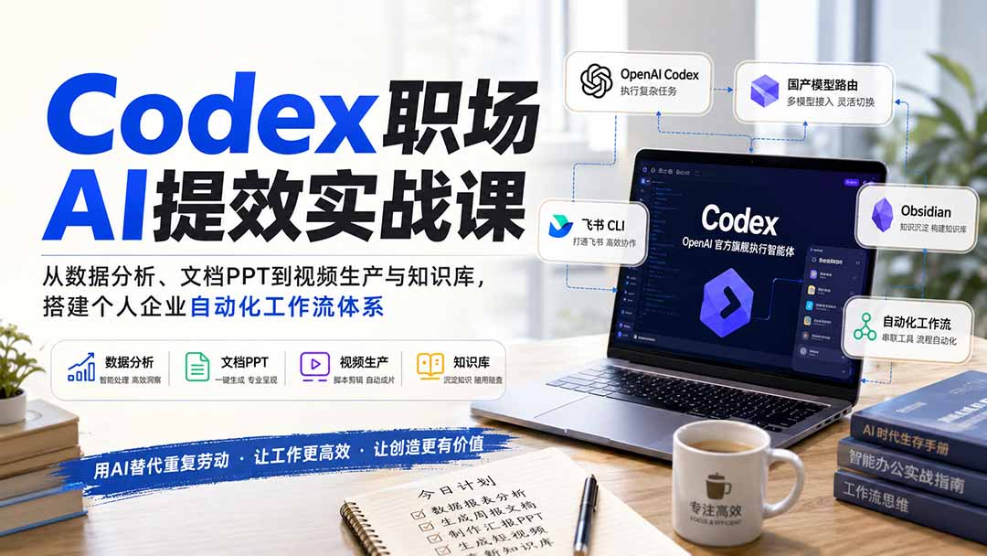Codex职场AI提效实战课：从数据分析、文档PPT到视频生产与知识库，搭建个人企业自动化工作流体系-惠声资源站