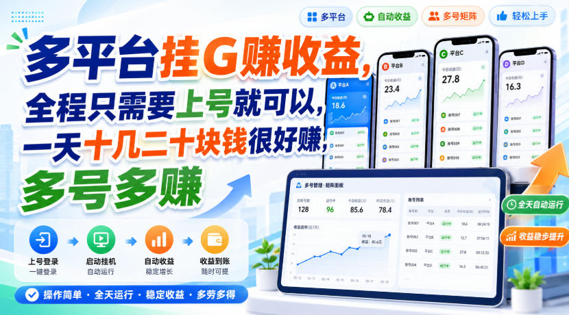 多平台挂G賺收益，全程只需要上号就可以，一天十几二十块钱很好賺，多号多賺【揭秘】-惠声资源站