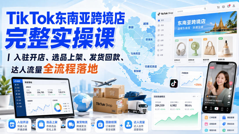TikTok东南亚跨境店完整实操课｜入驻开店、选品上架、发货回款、达人流量全流程落地-惠声资源站