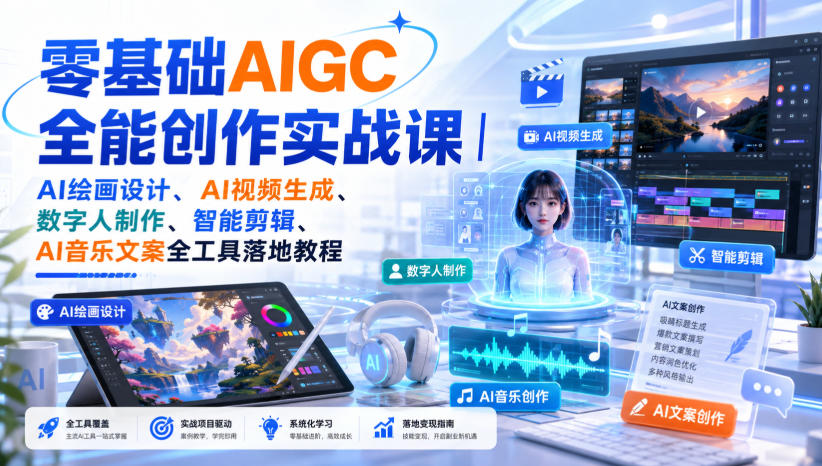 零基础AIGC全能创作实战课｜AI绘画设计、AI视频生成、数字人制作、智能剪辑、AI音乐文案全工具落地教程-惠声资源站