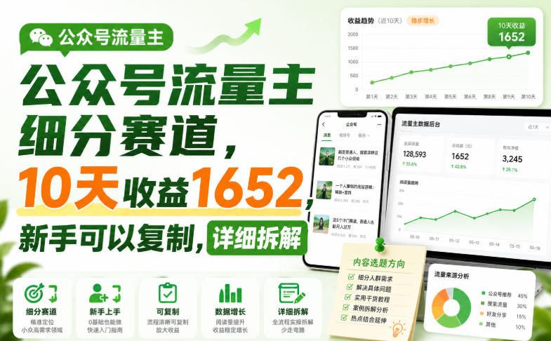 公众号流量主细分赛道，10天收益1652，新手可以复制，详细拆解-惠声资源站
