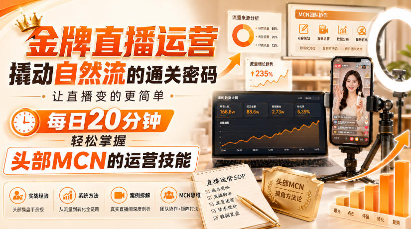 金牌直播运营撬动自然流的通关密码，让直播变的更简单，每日20分钟，轻松掌握头部MCN的运营技能-惠声资源站