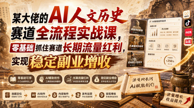 某大佬的AI人文历史赛道全流程实战课，零基础抓住赛道长期流量红利，实现稳定副业增收-惠声资源站