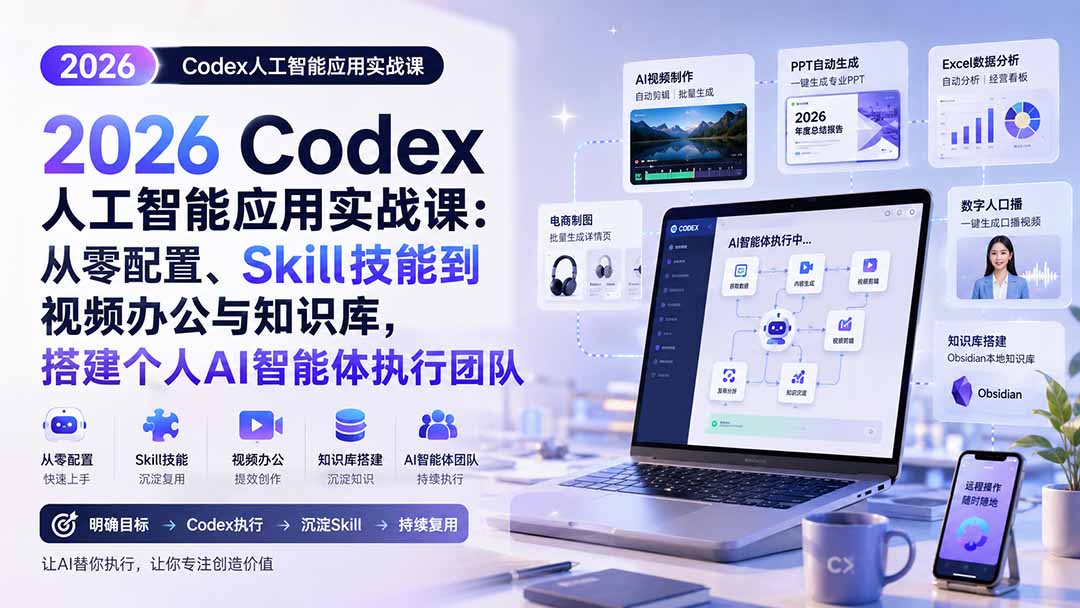 2026 Codex人工智能应用实战课：从零配置、Skill技能到视频办公与知识库，搭建个人AI智能体执行团队-惠声资源站