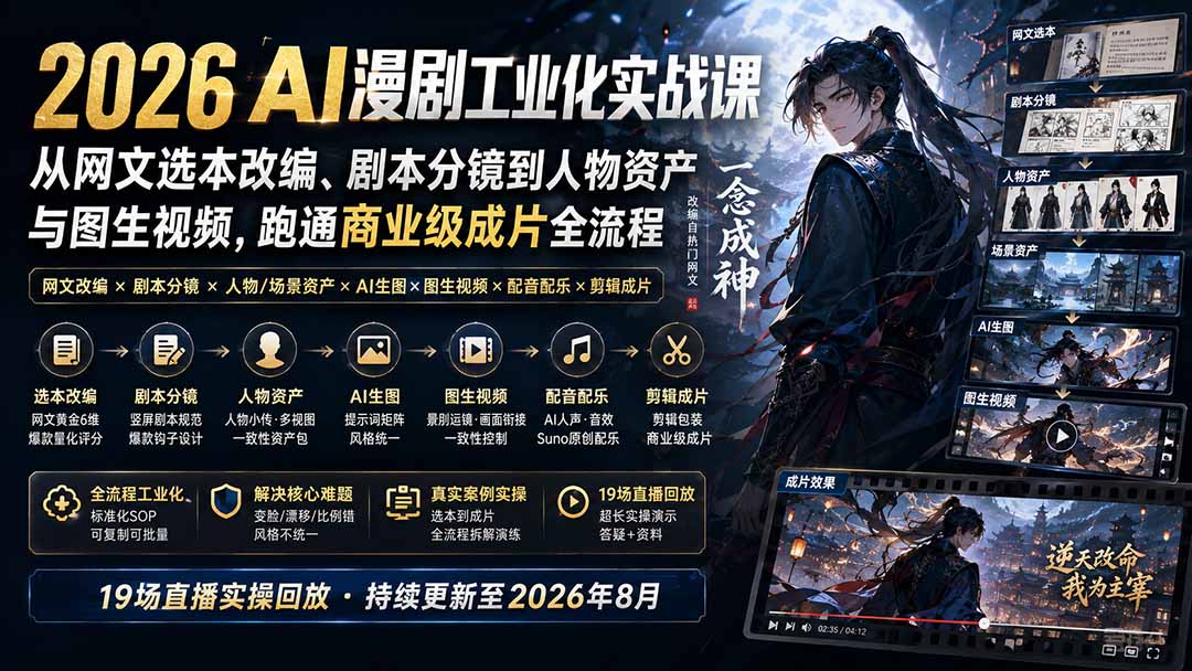2026 AI漫剧工业化实战课-更新：从网文选本改编、剧本分镜到人物资产与图生视频，跑通商业级成片全流程-惠声资源站