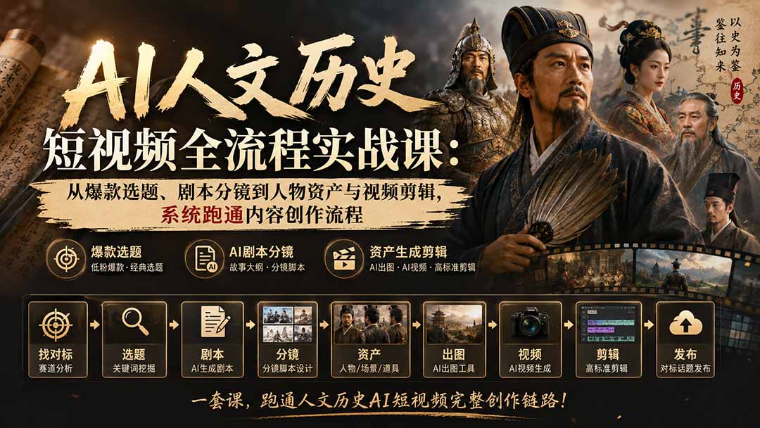 AI人文历史短视频全流程实战课：从爆款选题、剧本分镜到人物资产与视频剪辑，系统跑通内容创作流程-惠声资源站