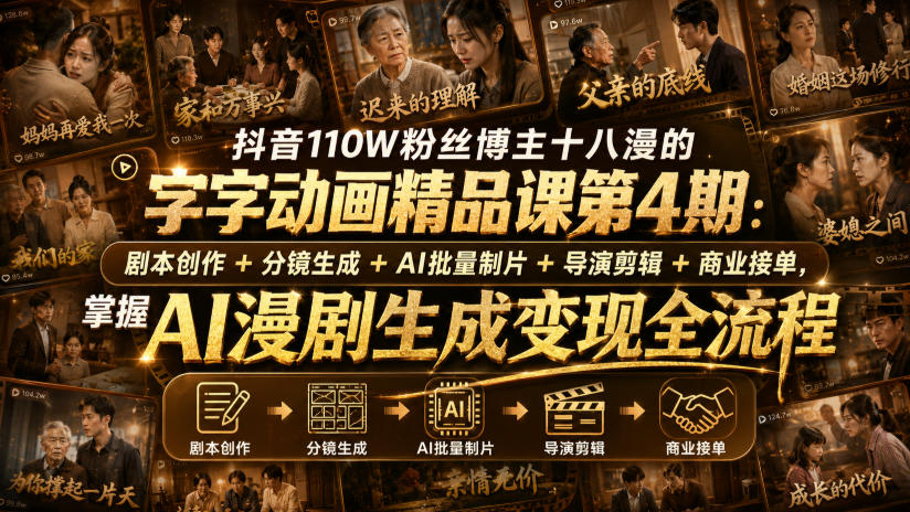 抖音110W粉丝博主十八漫的字字动画精品课第4期：剧本创作+分镜生成+剪辑+商业接单，掌握AI漫剧生成变现全流程-惠声资源站