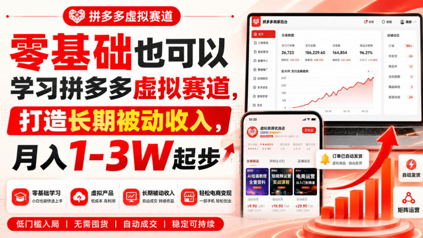 零基础也可以学习拼多多虚拟赛道，打造长期被动收入，月入1-3W起步-惠声资源站