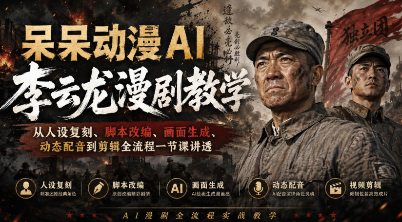 呆呆动漫AI李云龙漫剧教学，从人设复刻、脚本改编、画面生成、动态配音到剪辑全流程一节课讲透-惠声资源站