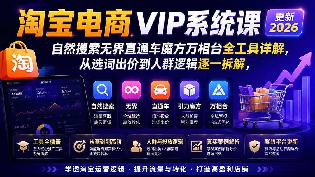 2026淘宝电商终局之战VIP课-更新：自然搜索+直通车+无界+精准人群，系统掌握测款动销与全店推广布局方法-惠声资源站