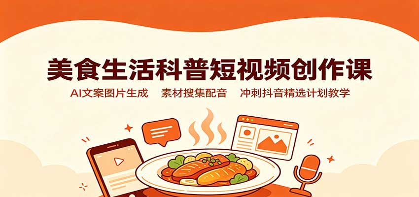 美食生活科普短视频创作课：AI文案图片生成，素材搜集配音，冲刺抖音精选计划教学-惠声资源站