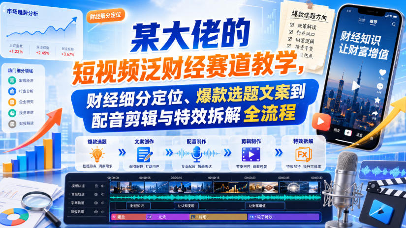 某大佬的短视频泛财经赛道教学，财经细分定位、爆款选题文案到配音剪辑与特效拆解全流程-惠声资源站