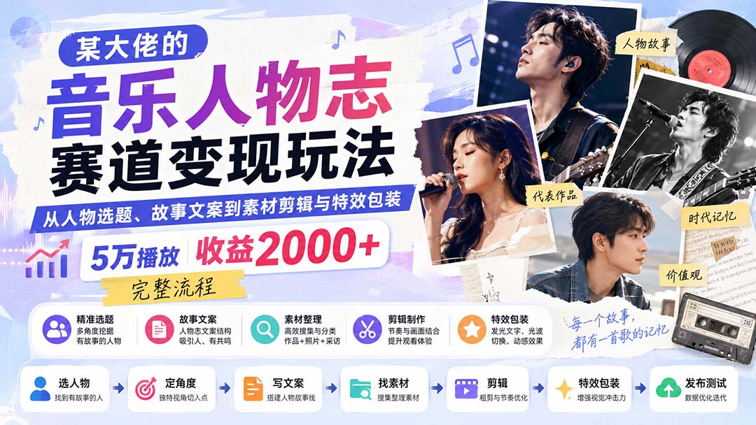 某大佬的音乐人物志赛道变现玩法：从人物选题、故事文案到素材剪辑与特效包装，5万播放收益2000+完整流程-惠声资源站