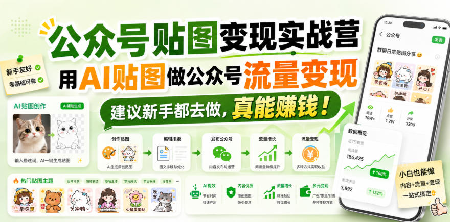 公众号贴图变现实战营，用AI贴图做公众号流量变现，建议新手都去做，真能賺钱！-惠声资源站
