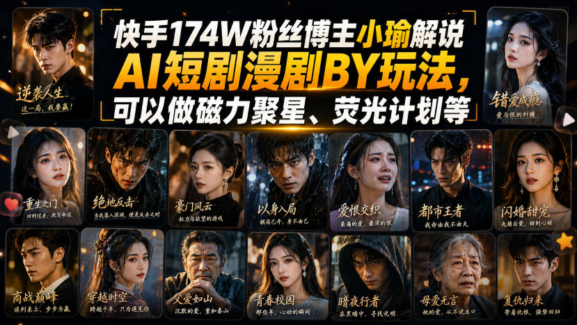 快手174W粉丝博主小瑜解说AI短剧漫剧搬运玩法，可以做磁力聚星、荧光计划等-惠声资源站