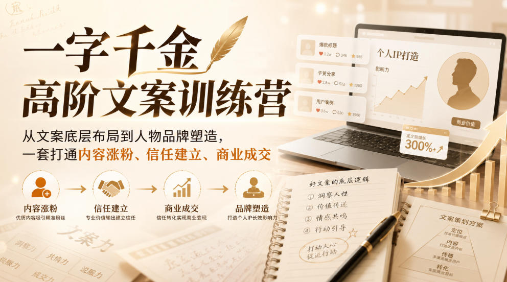 一字千金高阶文案训练营，从文案底层布局到人物品牌塑造，一套打通内容涨粉、信任建立、商业成交-惠声资源站