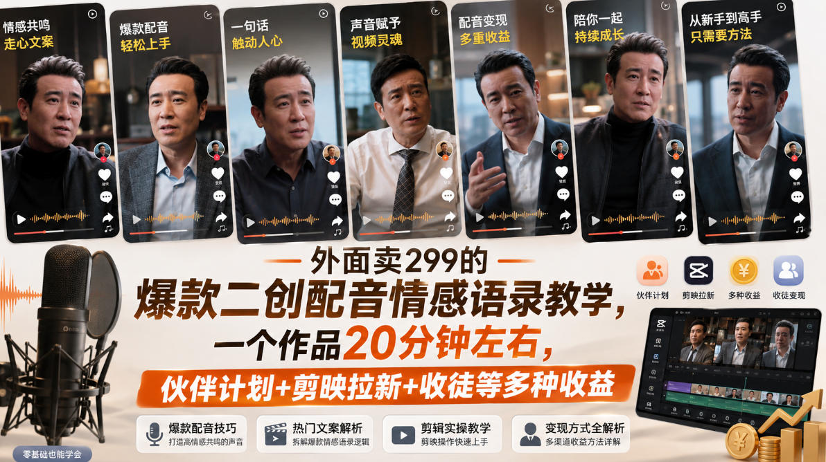 外面卖299的爆款二创配音情感语录教学，一个作品20分钟左右，伙伴计划+剪映拉新+收徒等多种收益-惠声资源站