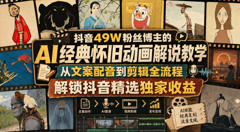 抖音49W粉丝博主的AI经典怀旧动画解说教学，从文案配音到剪辑全流程，解锁抖音精选独家收益-惠声资源站