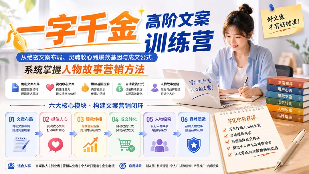 一字千金高阶文案训练营：从绝密文案布局、灵魂收心到爆款基因与成交公式，系统掌握人物故事营销方法-惠声资源站