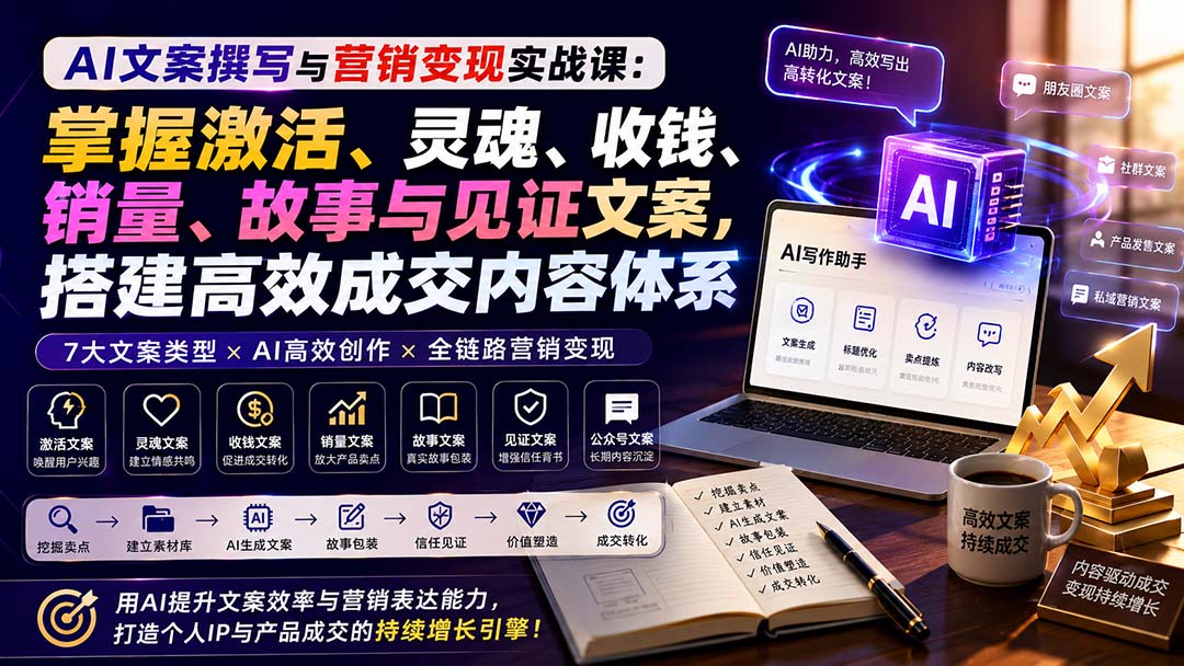 AI文案撰写与营销变现实战课：掌握激活、灵魂、收钱、销量、故事与见证文案，搭建高效成交内容体系-惠声资源站