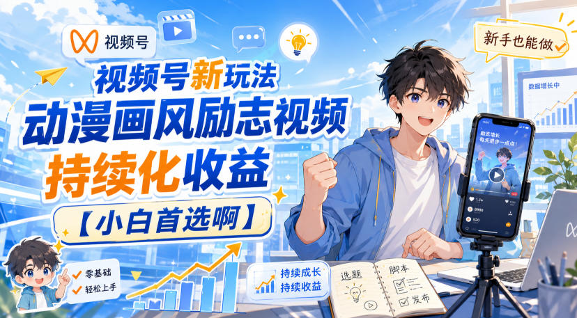 视频号新玩法动漫画风励志视频，持续化收益【小白首选啊】-惠声资源站
